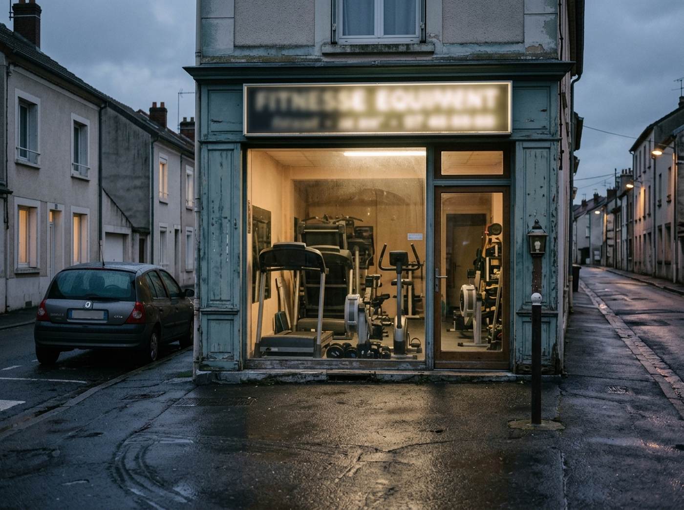 La devanture de Klivo près de Lyon au crépuscule, l'enseigne allumée et les appareils alignés derrière la vitrine