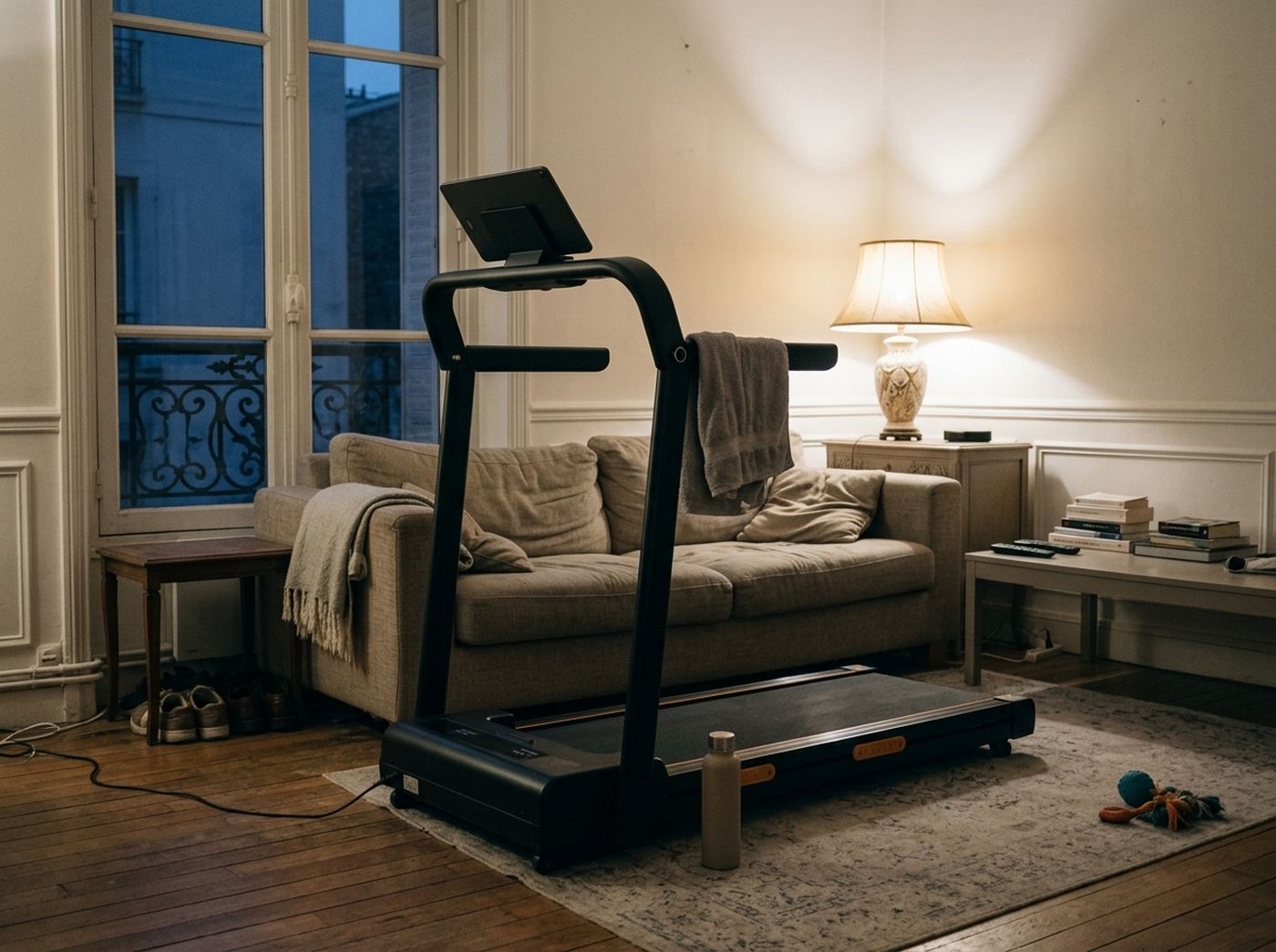 Tapis de course pliable Klivo guidon relevé dans un salon, en fin de journée